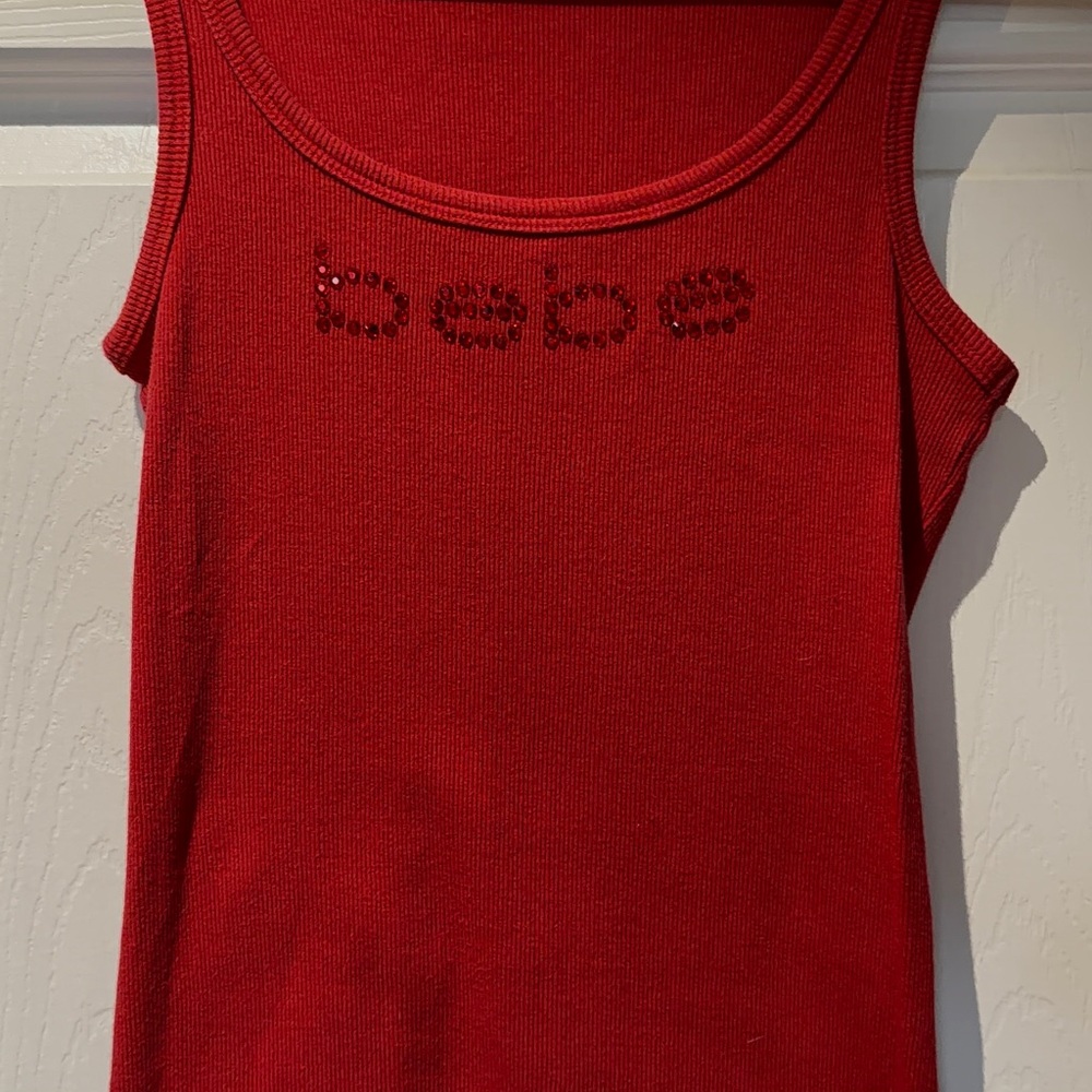 BEBE Red Embellished Ribbed Tank Top